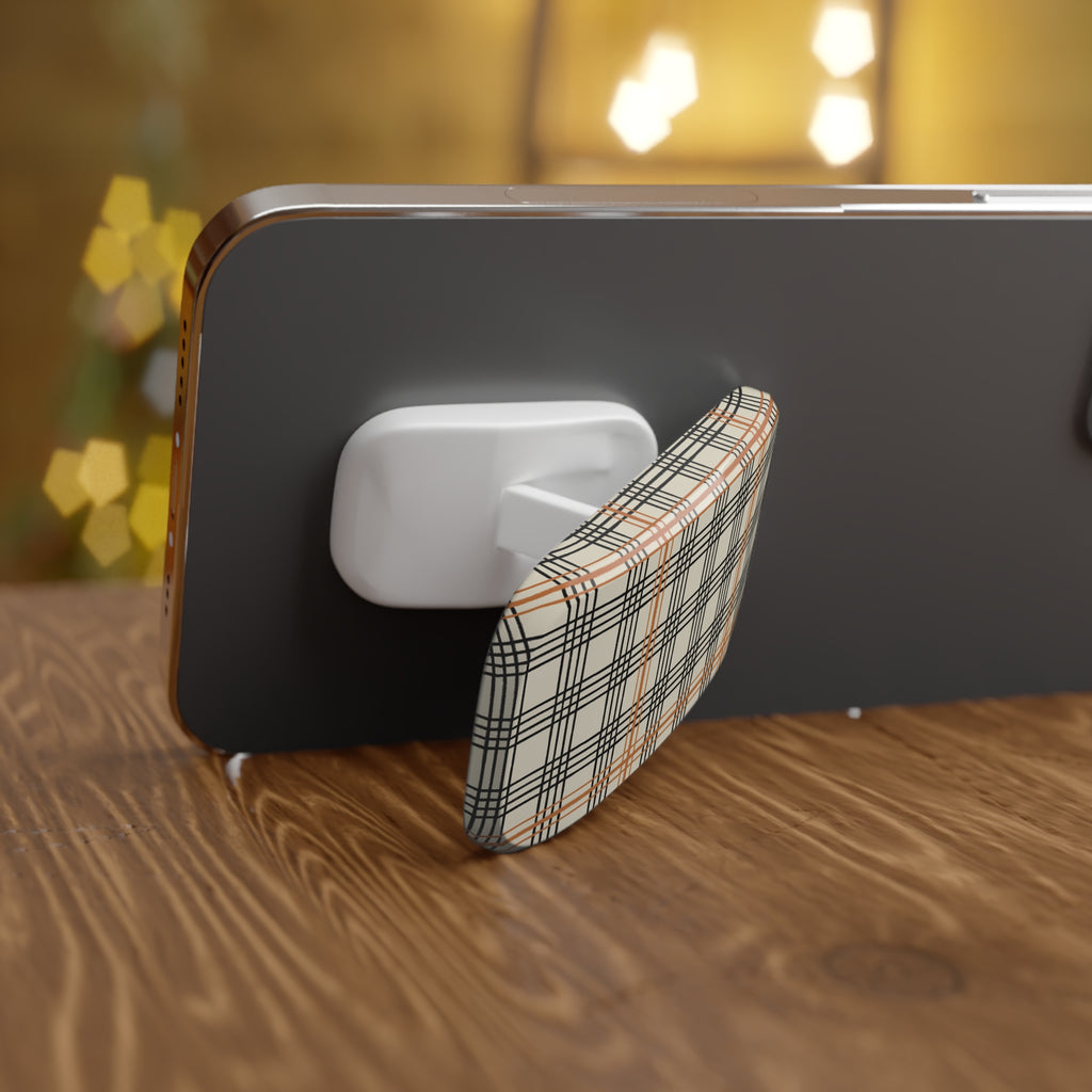Plaid Phone Grip — Beige Black & Orange Click-On Stand