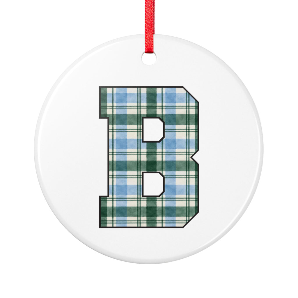 Plaid Monogram 'B' Ceramic Ornament — Personalized Holiday Tree Decoration