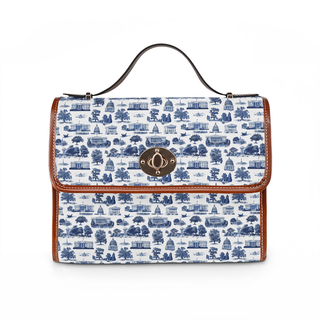 Blue Toile Waterproof Canvas Bag — Vintage Scenic Print Crossbody Tote