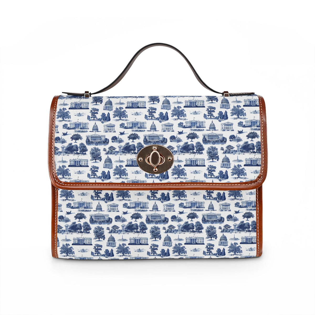 Blue Toile Waterproof Canvas Bag — Vintage Scenic Print Crossbody Tote
