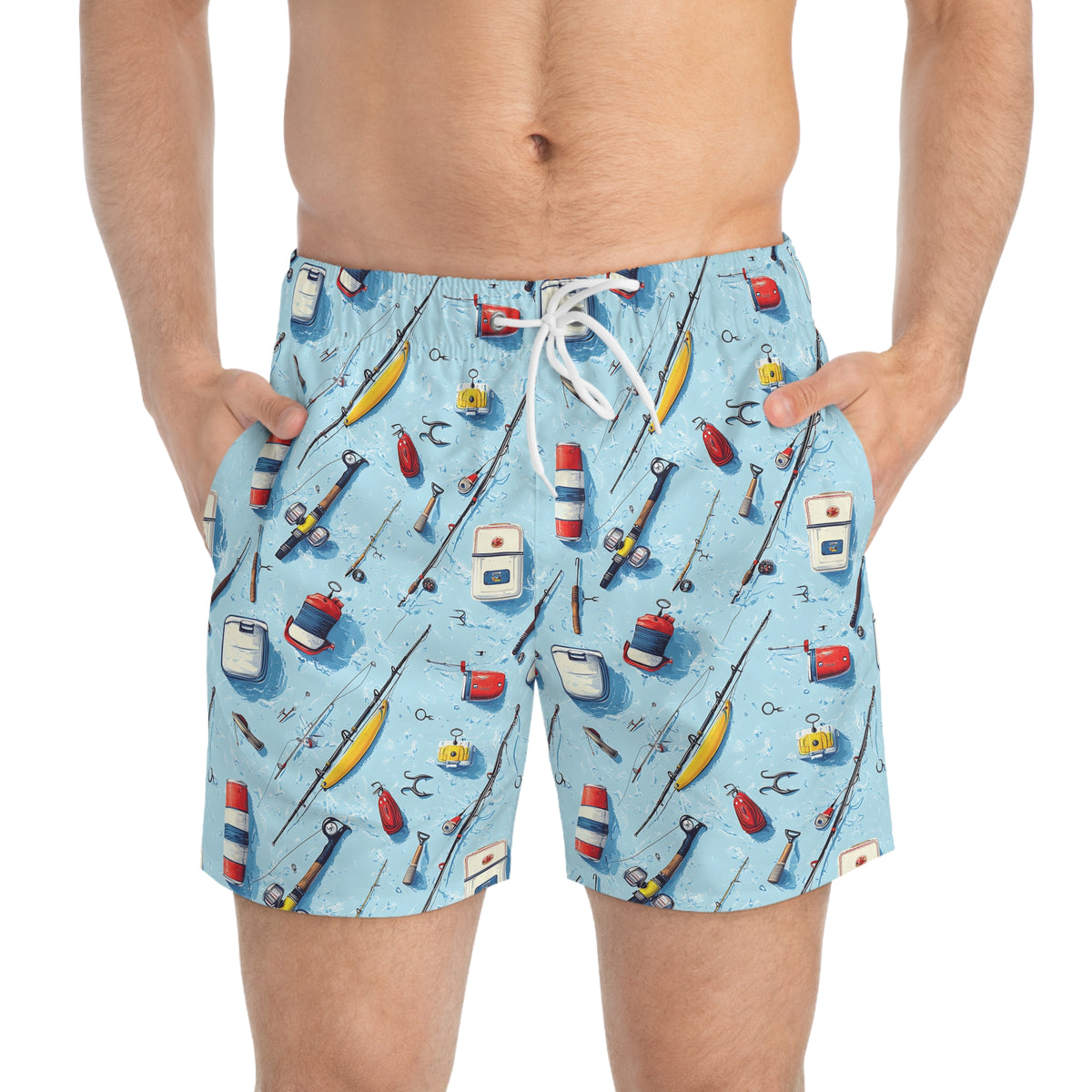 Fishing Gear Pattern Swim Trunks — Men's Nautical Beach Shorts