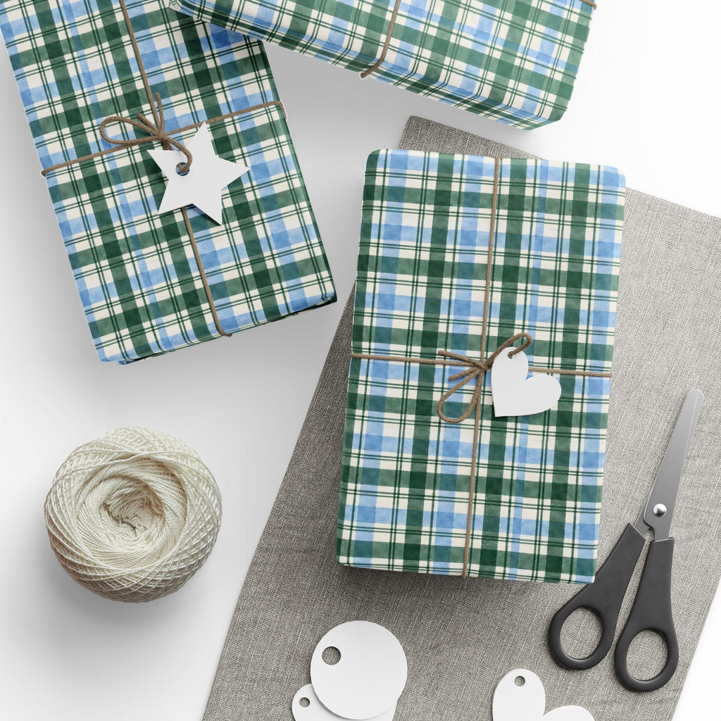 Plaid Wrapping Paper Roll — Blue & Green Tartan Gift Wrap