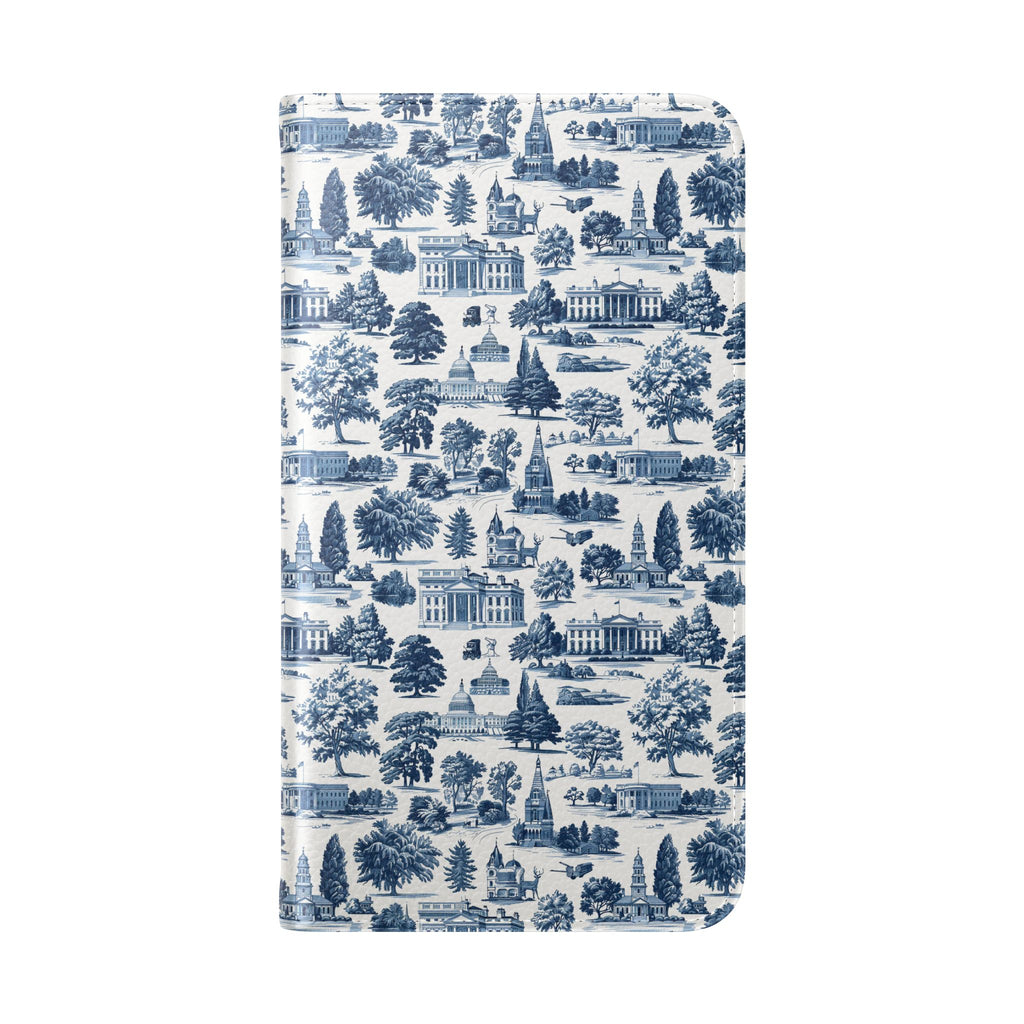 Vintage Toile Flip Phone Case — Blue Scenic Wallet Cover with Card Slots