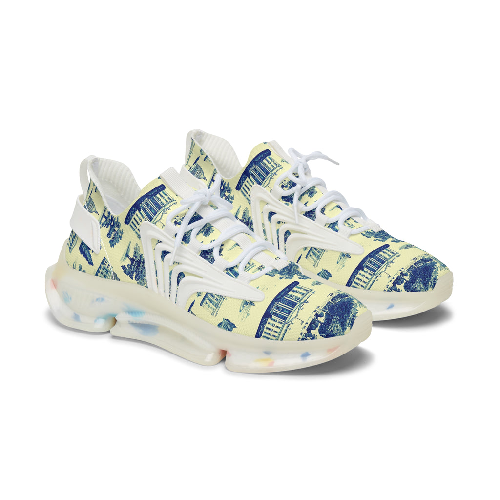 Mesh Sneakers — Vintage Architectural Print Women's Athletic Shoes
