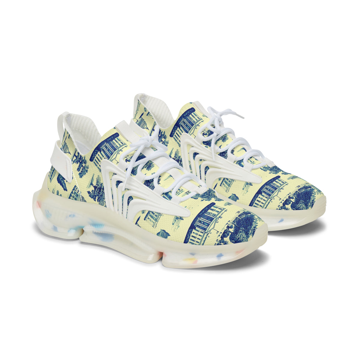 Mesh Sneakers — Vintage Architectural Print Women's Athletic Shoes