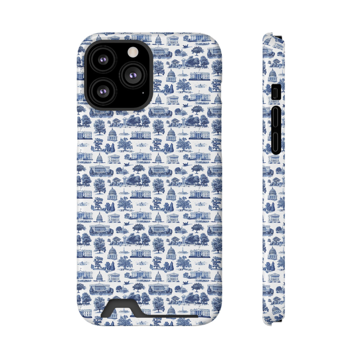 Blue Toile Phone Card Case — Vintage Scenic Pattern Phone Case with Card Holder