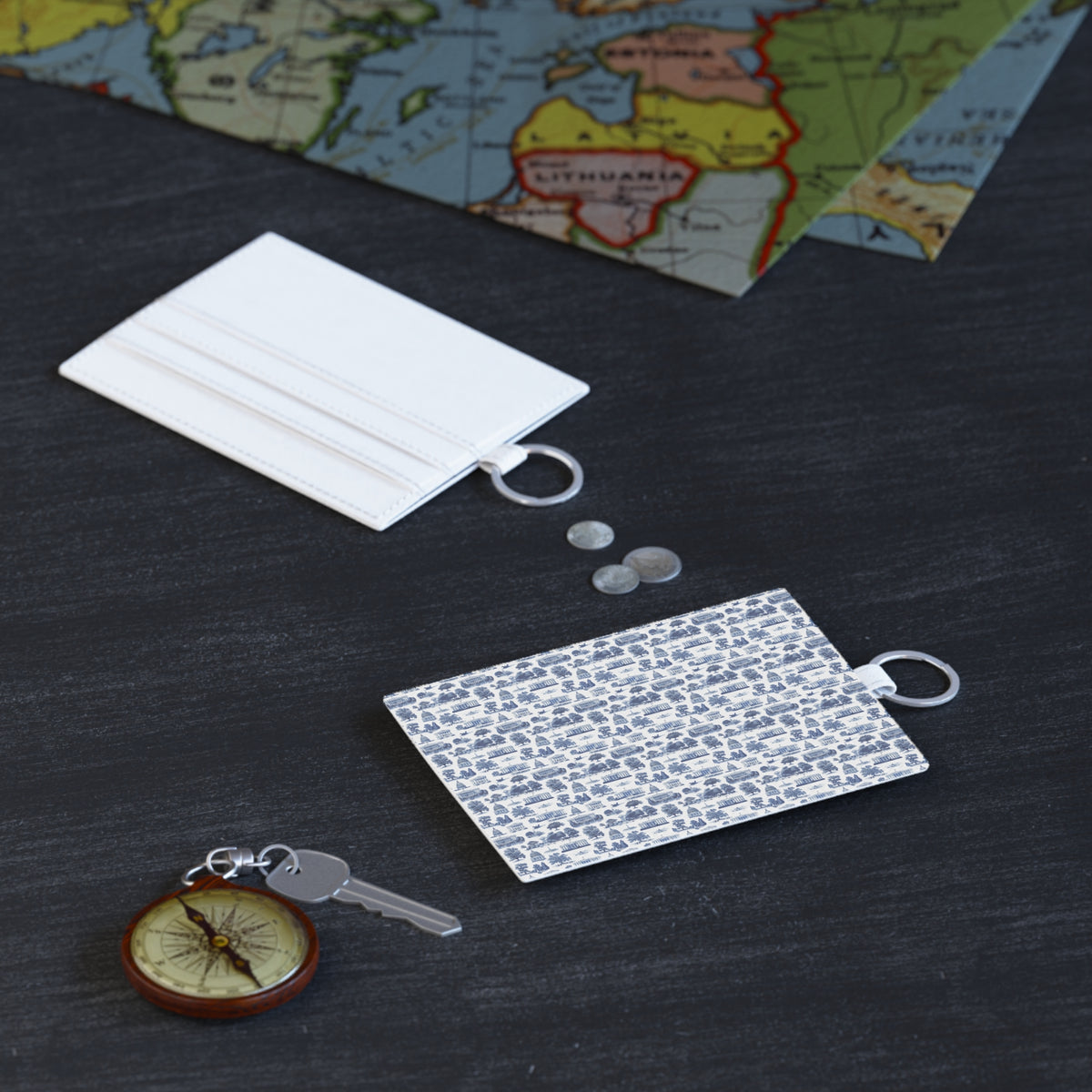 Blue Toile Saffiano Leather Card Holder — Slim Card Case with Keyring