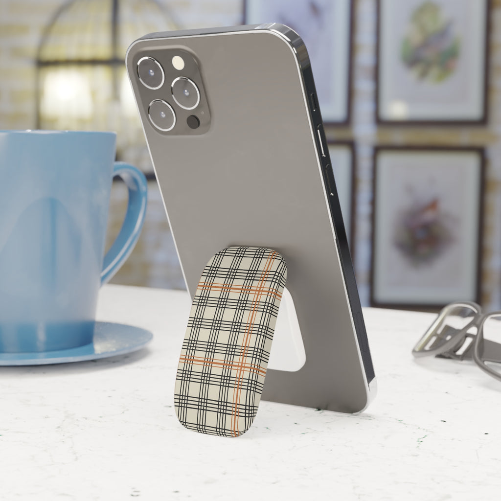 Plaid Phone Grip — Beige Black & Orange Click-On Stand