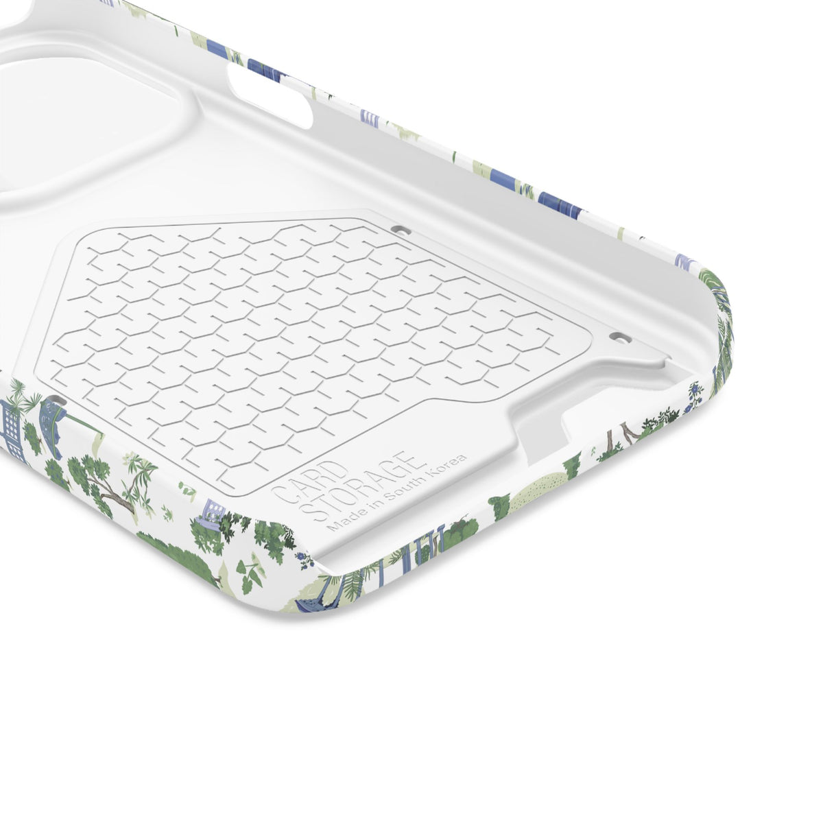 Garden Pavilion Cardholder Phone Case — Blue & Green Scenic Park Design