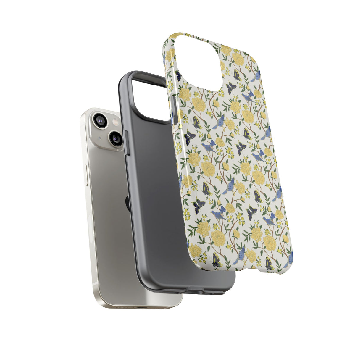 Floral Bird Tough Phone Case — Yellow Rose Pattern, Slim Protective iPhone Cover