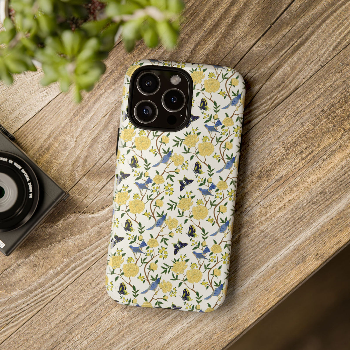 Floral Bird Tough Phone Case — Yellow Rose Pattern, Slim Protective iPhone Cover