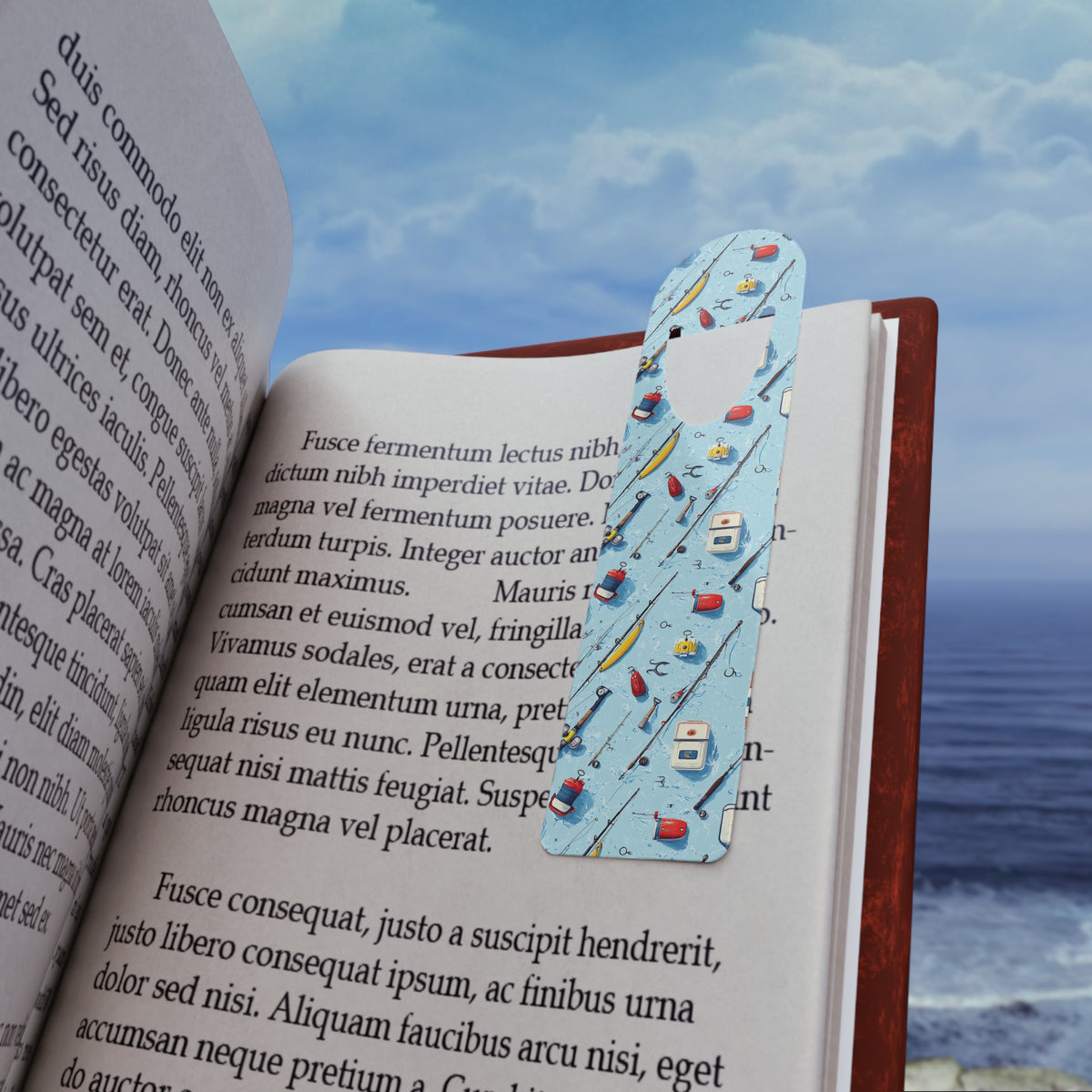 Fishing Gear Pattern Metal Bookmark – Angler Fishing Rod, Lure & Tackle Design
