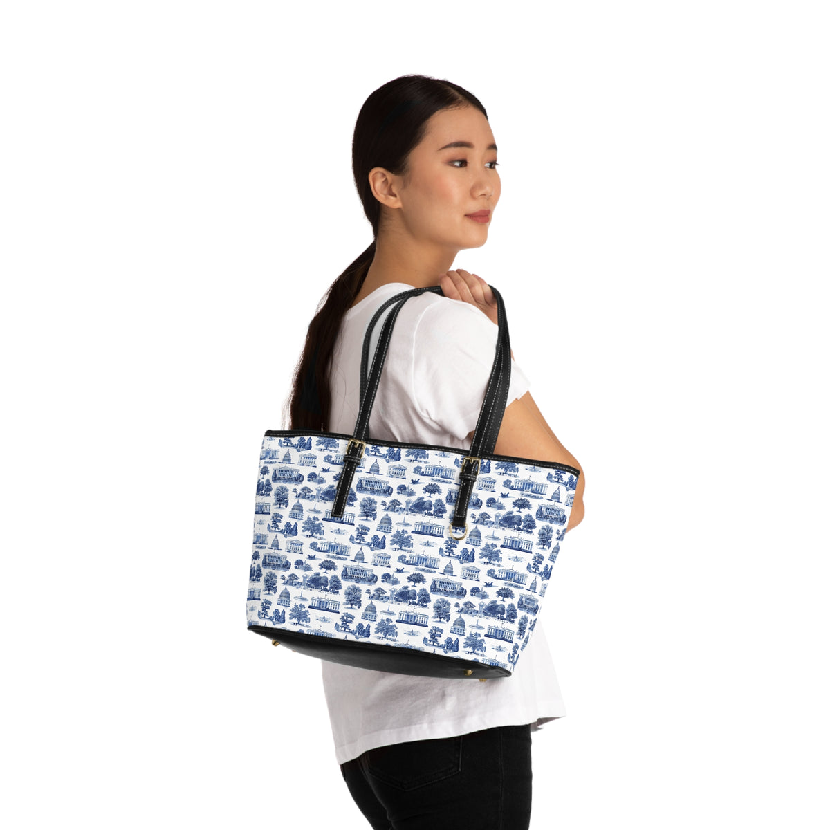 Blue Toile Print PU Shoulder Bag