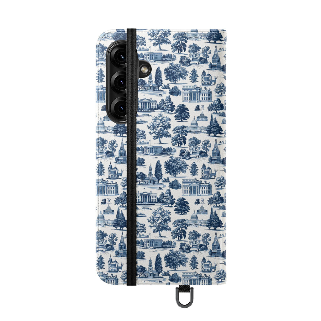 Vintage Toile Flip Phone Case — Blue Scenic Wallet Cover with Card Slots