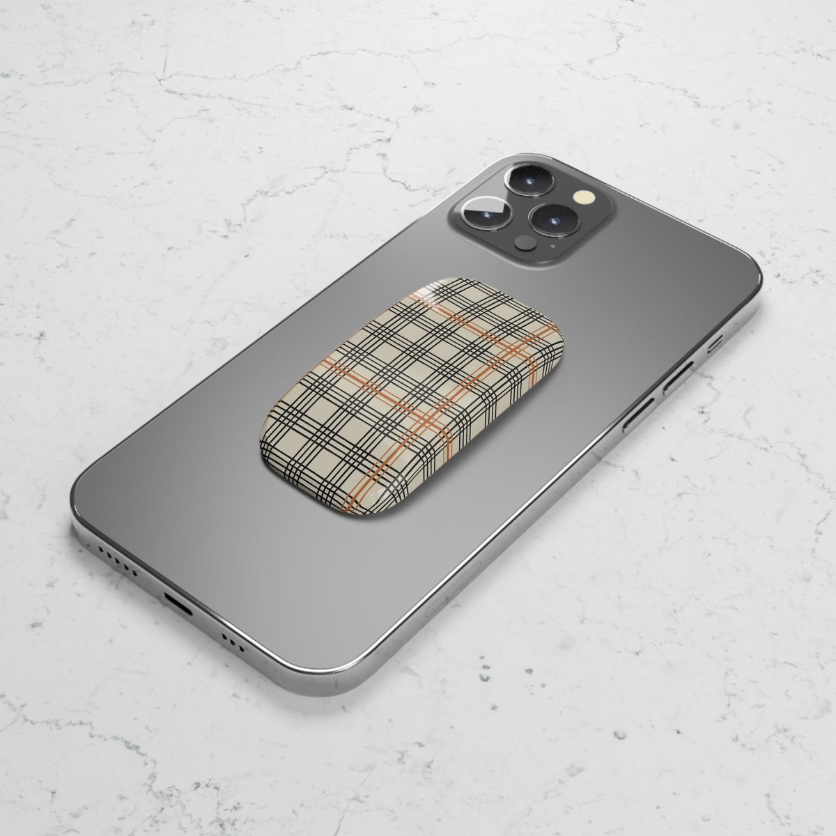Plaid Phone Grip — Beige Black & Orange Click-On Stand