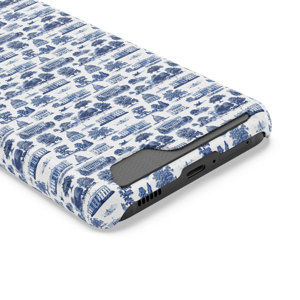 Blue Toile Phone Card Case — Vintage Scenic Pattern Phone Case with Card Holder