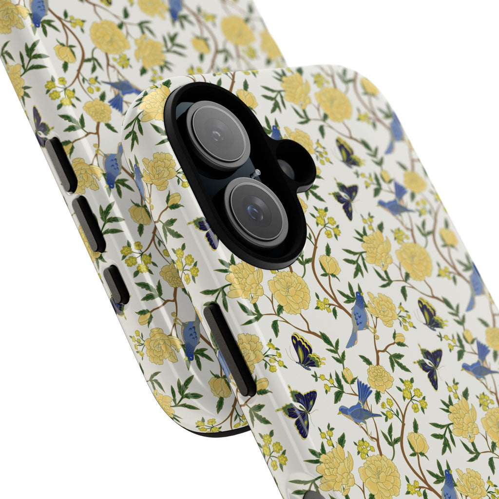 Floral Bird Tough Phone Case — Yellow Rose Pattern, Slim Protective iPhone Cover