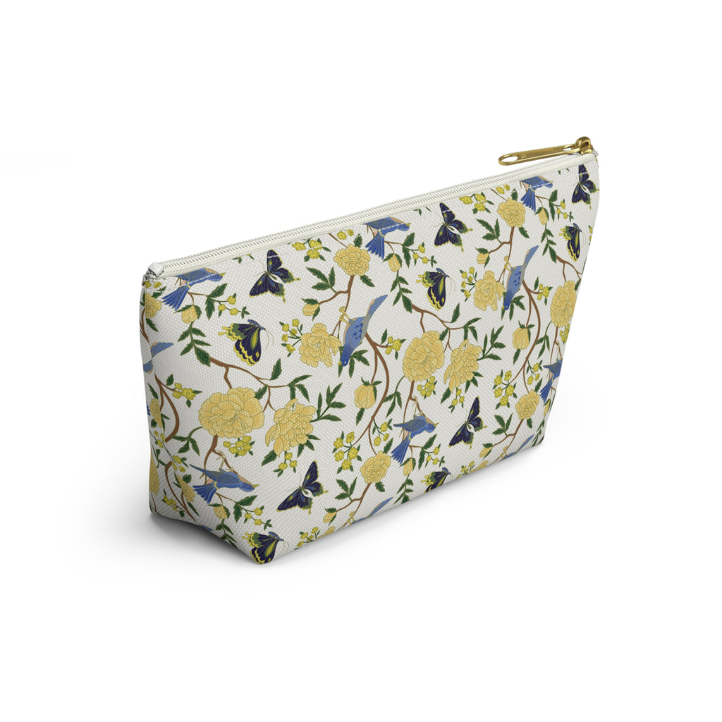 Floral Bird Accessory Pouch — Yellow Rose & Bluebird Cosmetic Bag