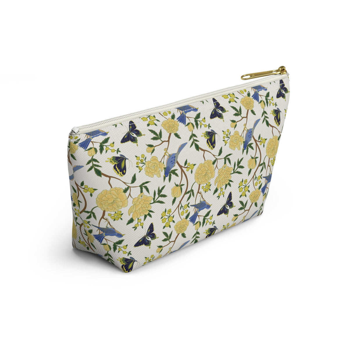 Floral Bird Accessory Pouch — Yellow Rose & Bluebird Cosmetic Bag