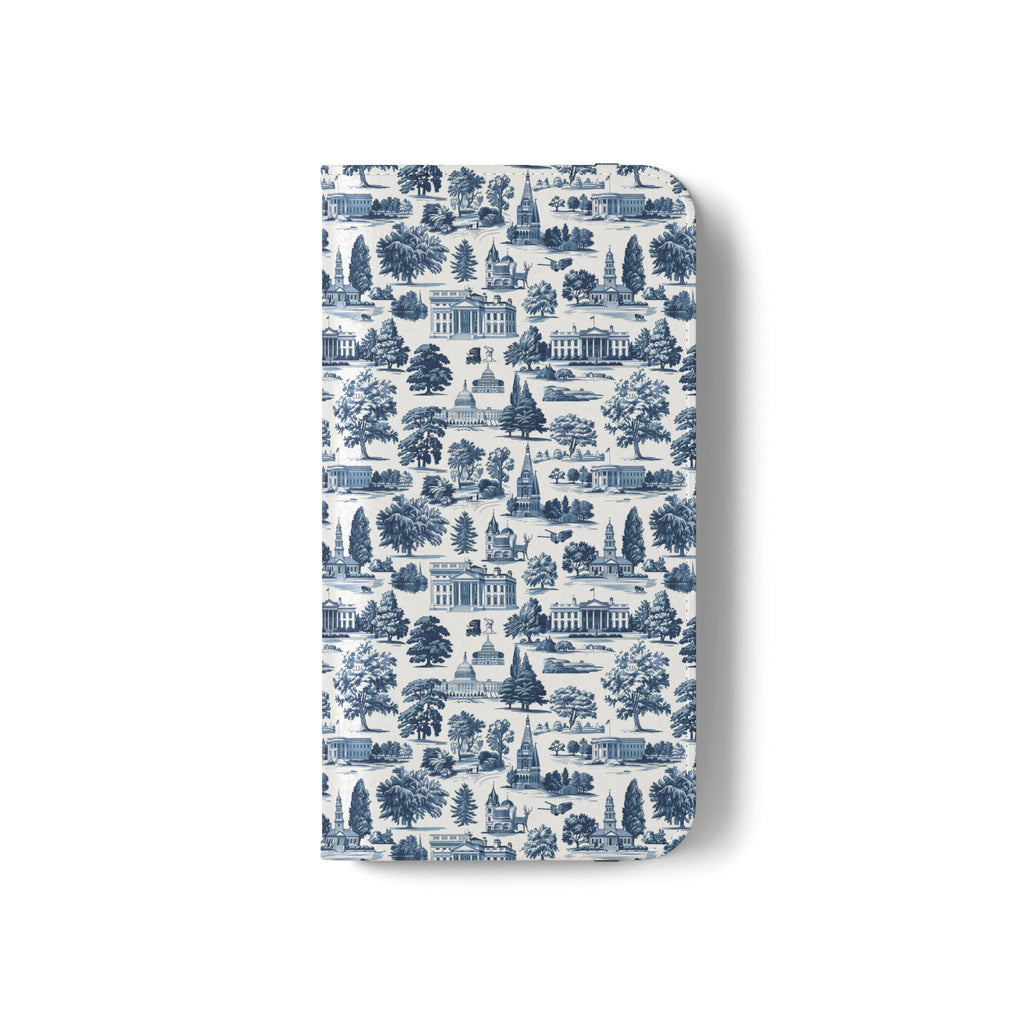 Vintage Toile Flip Phone Case — Blue Scenic Wallet Cover with Card Slots