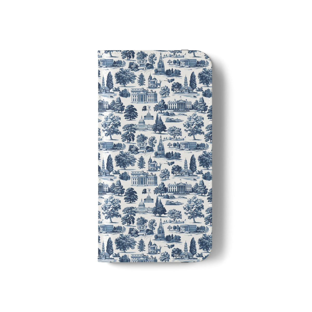 Vintage Toile Flip Phone Case — Blue Scenic Wallet Cover with Card Slots