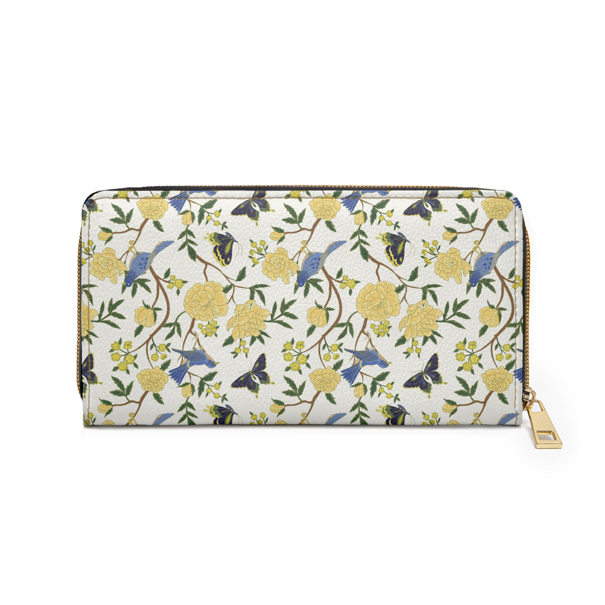 Floral Bird Zip Wallet — Yellow Blossom Garden Long Zipper Wallet