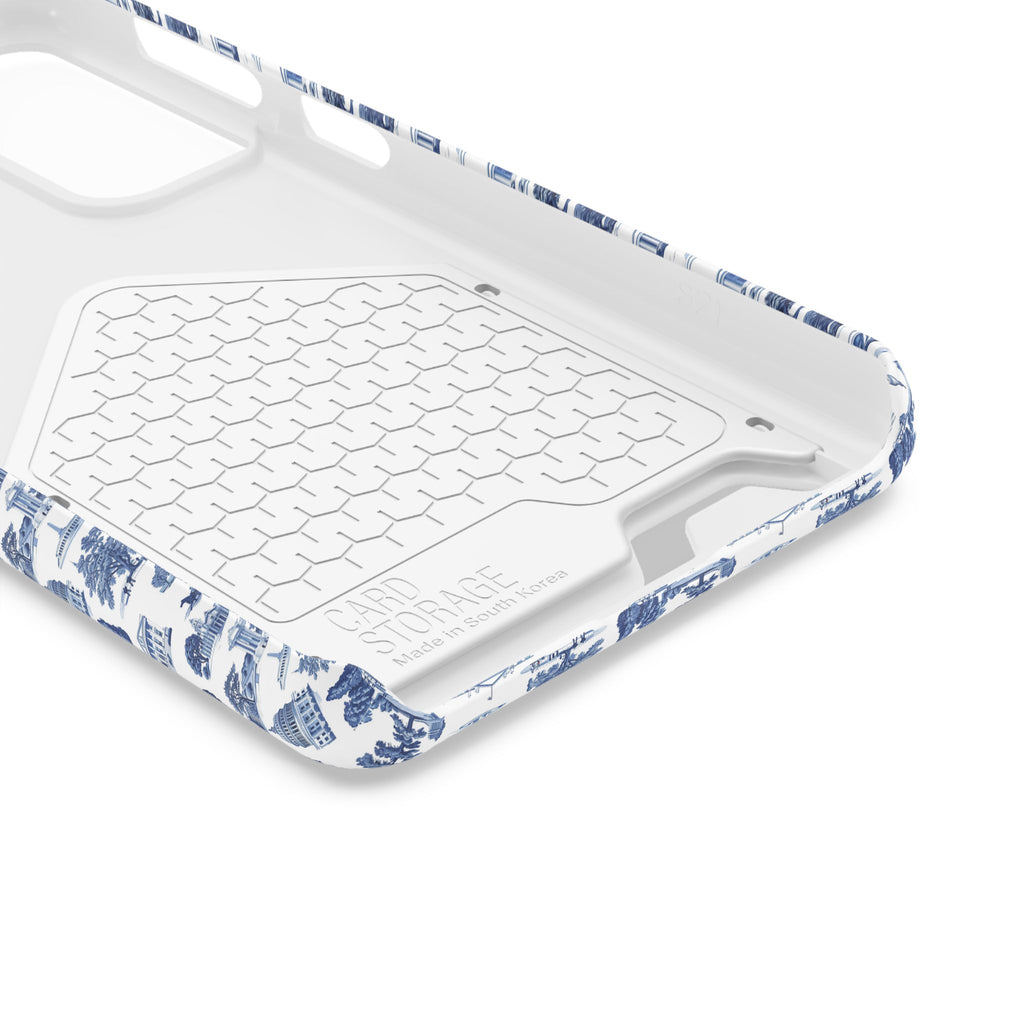 Blue Toile Phone Card Case — Slim Wallet Phone Case with Scenic Pattern