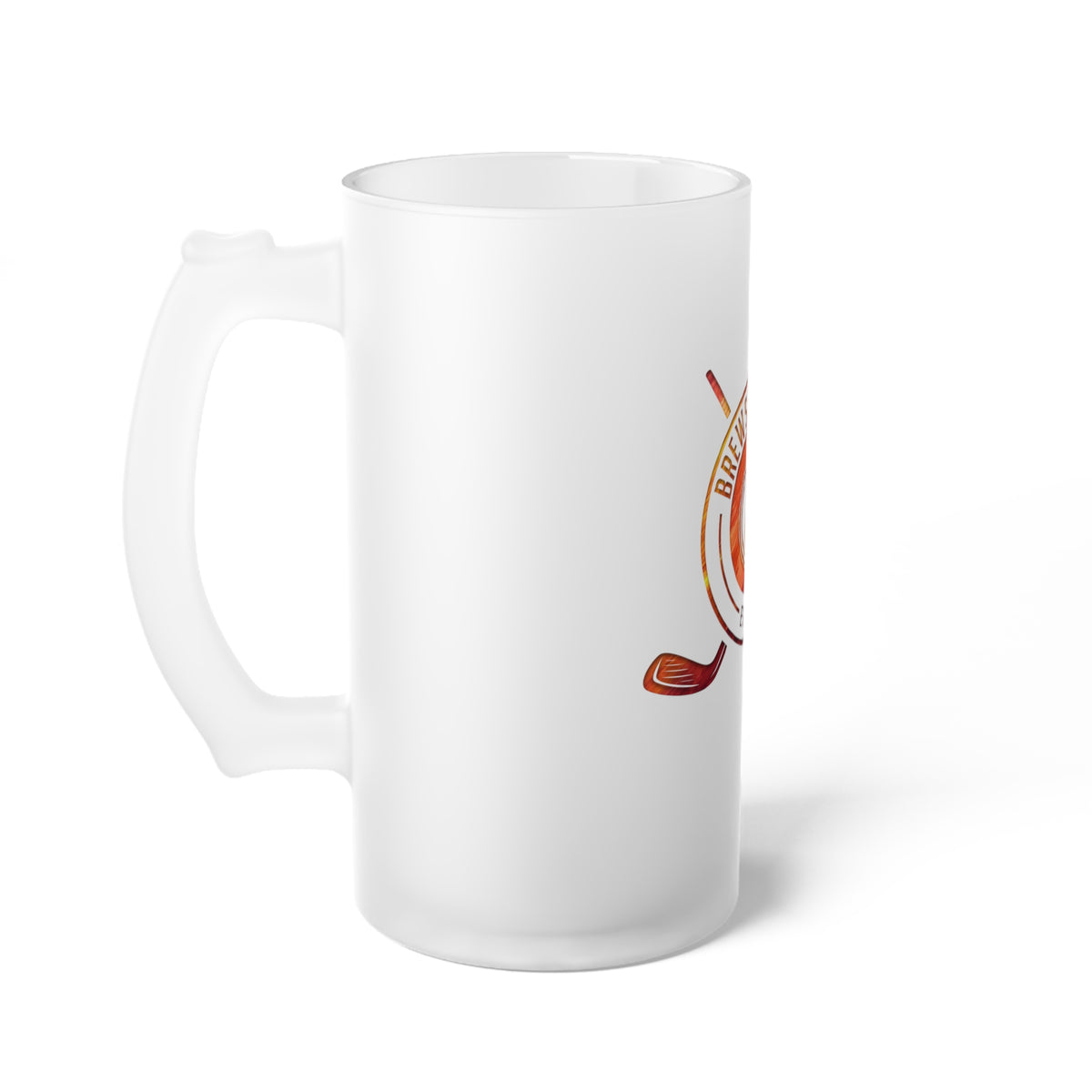 Frosted Glass Beer Mug — "Brews & Birdies" Golf Logo Pint (Est. 2018)