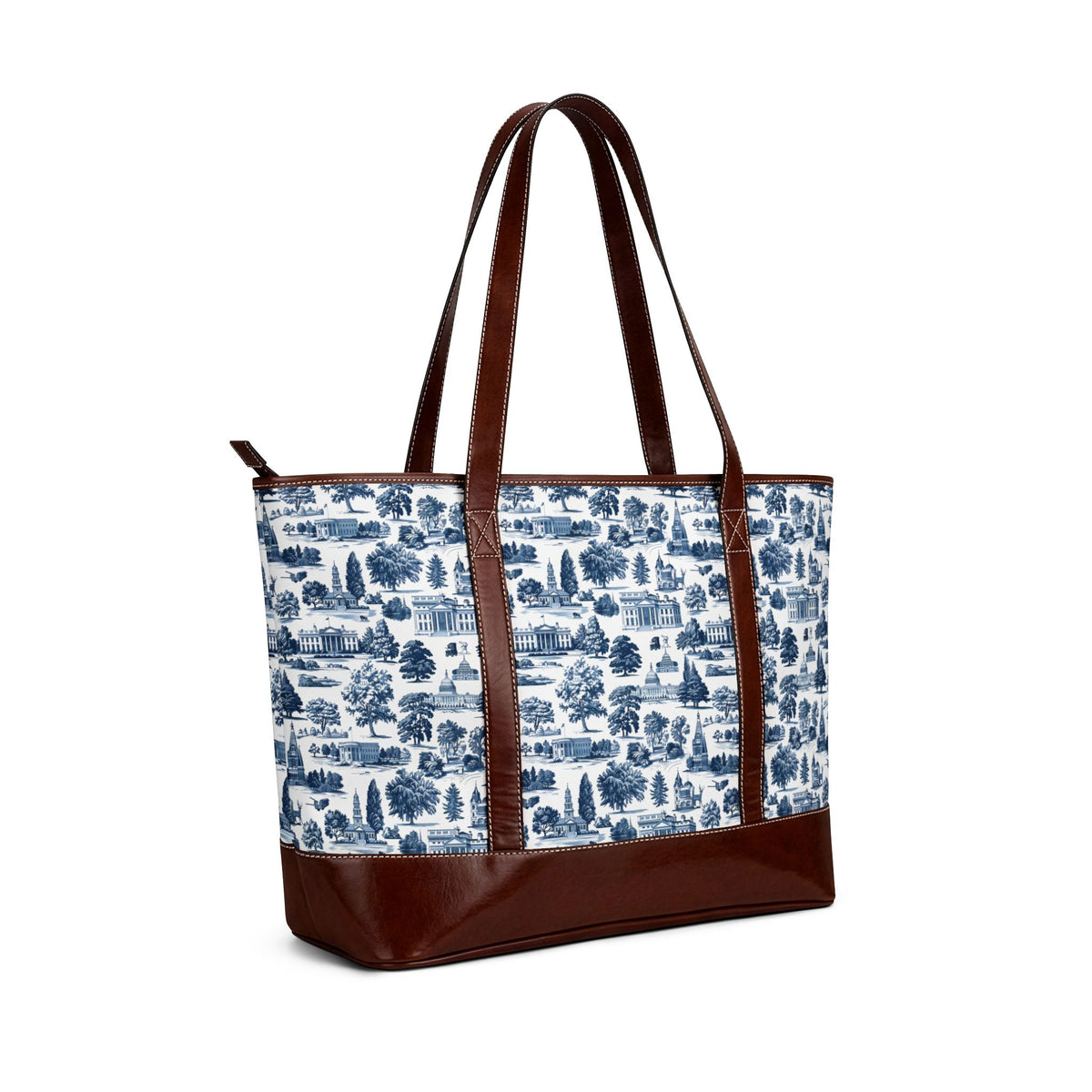Blue Toile Leather-Trim Tote Bag