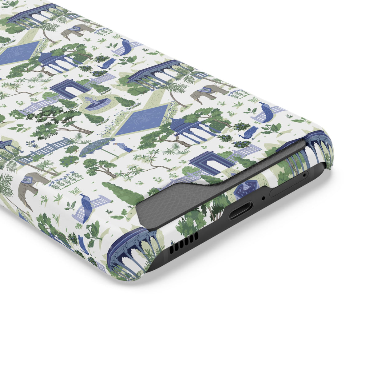 Garden Pavilion Cardholder Phone Case — Blue & Green Scenic Park Design
