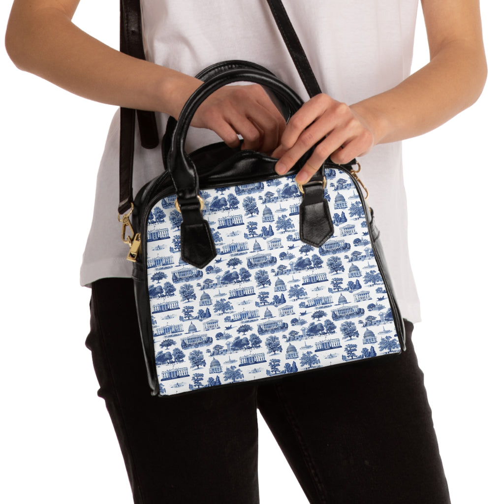 Blue Toile Pattern Shoulder Handbag – Vintage Cottage Print Purse