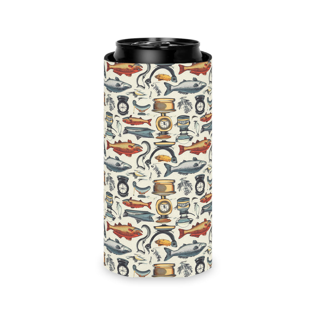 Nautical Fishing Can Cooler - Vintage Tackle & Fish Pattern