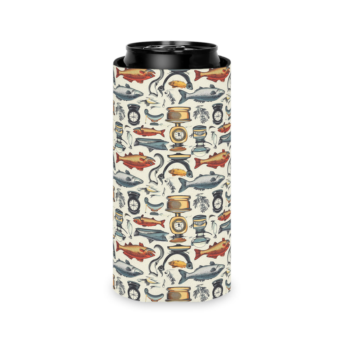 Nautical Fishing Can Cooler - Vintage Tackle & Fish Pattern