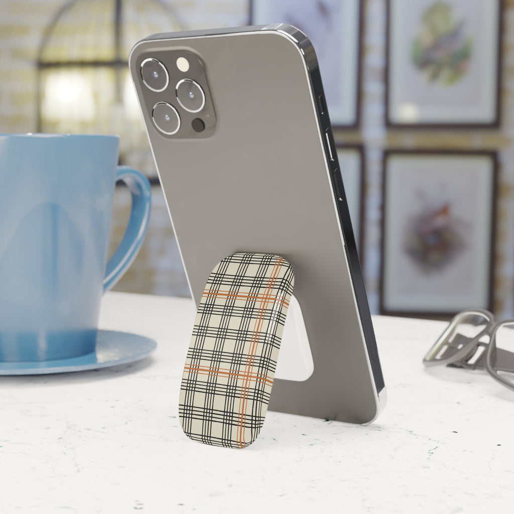 Plaid Phone Grip — Beige Black & Orange Click-On Stand
