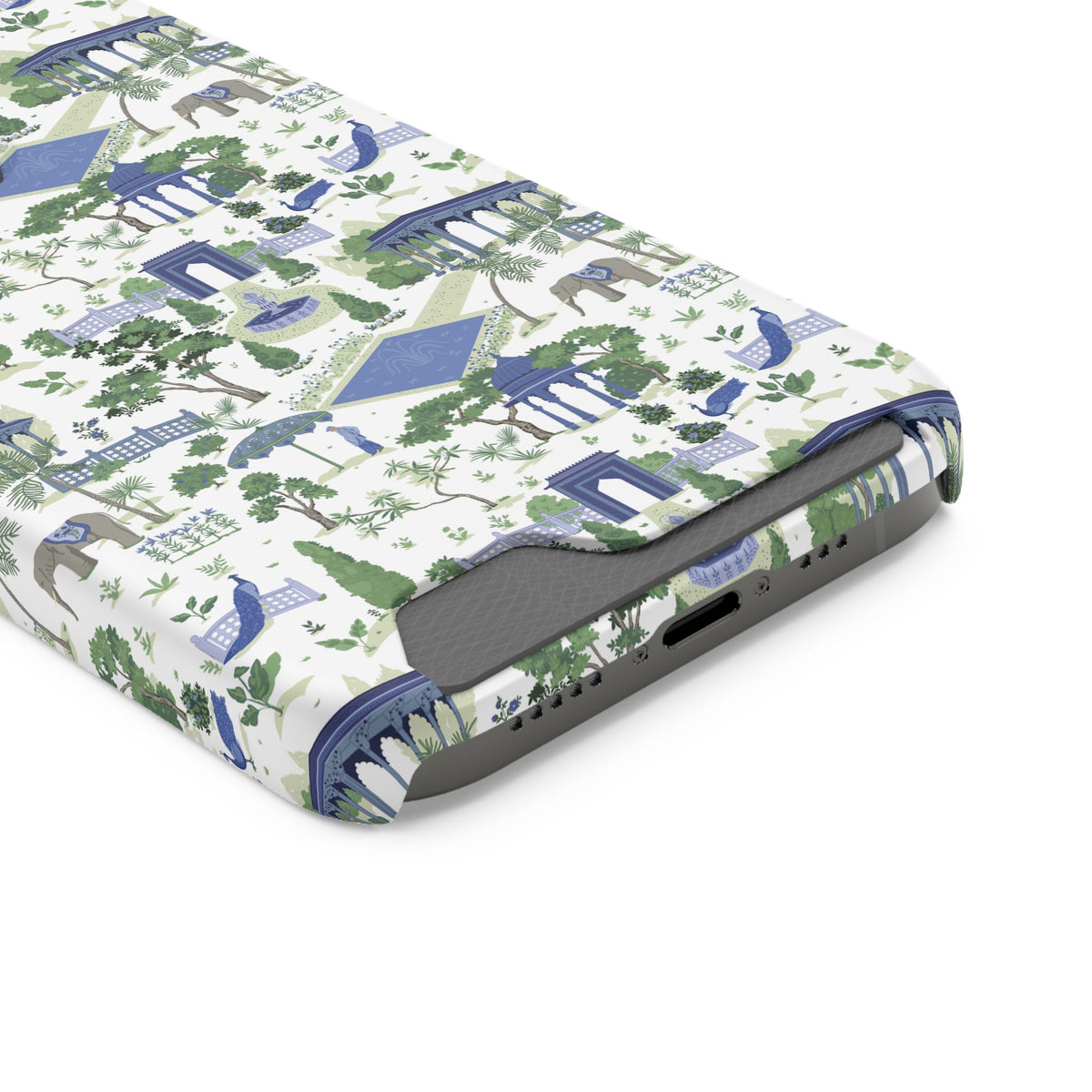 Garden Pavilion Cardholder Phone Case — Blue & Green Scenic Park Design