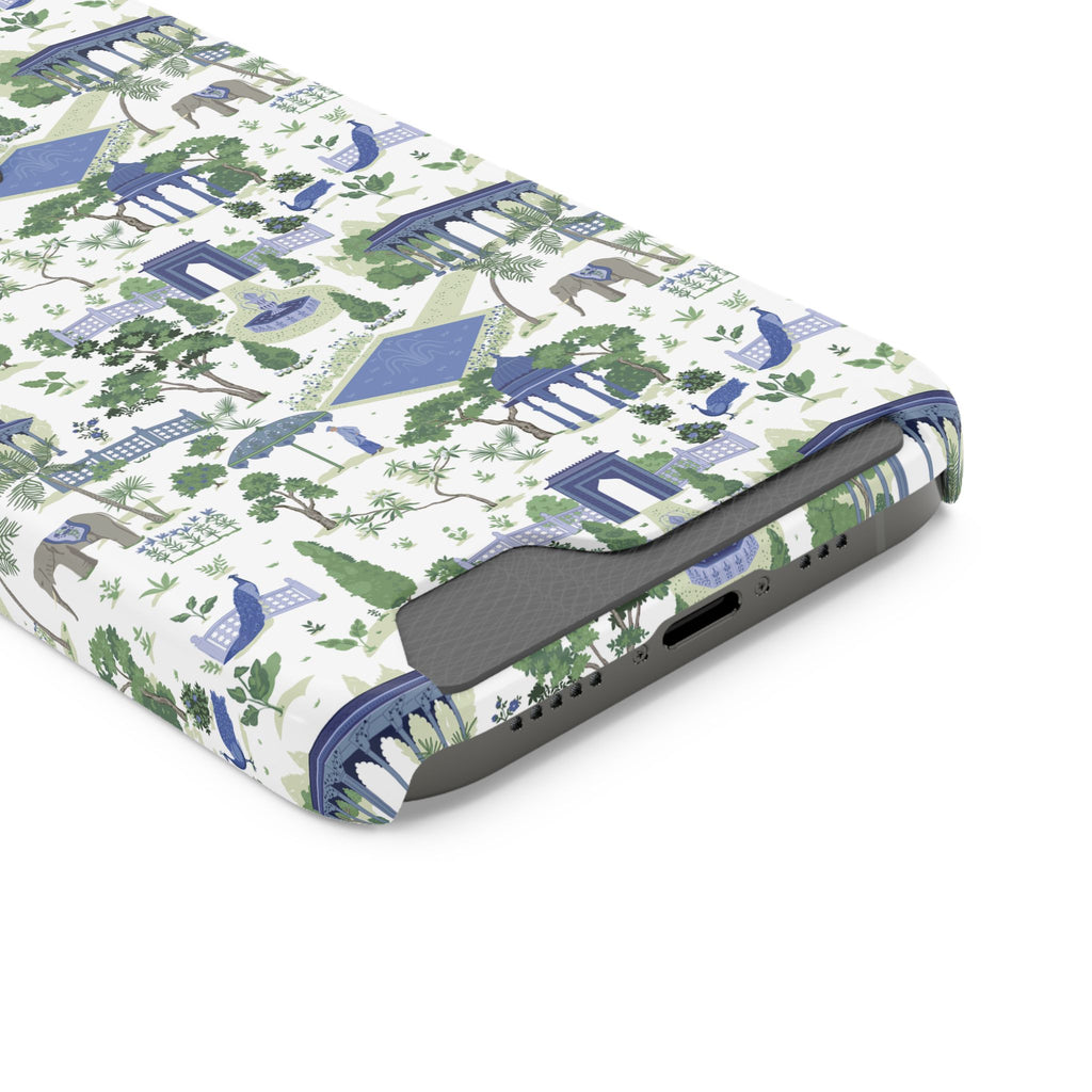 Garden Pavilion Cardholder Phone Case — Blue & Green Scenic Park Design