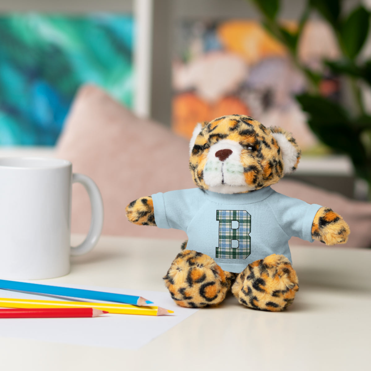 Plush Bear with Plaid Monogram Tee — Personalized Initial 'B' Stuffed Animal Gift
