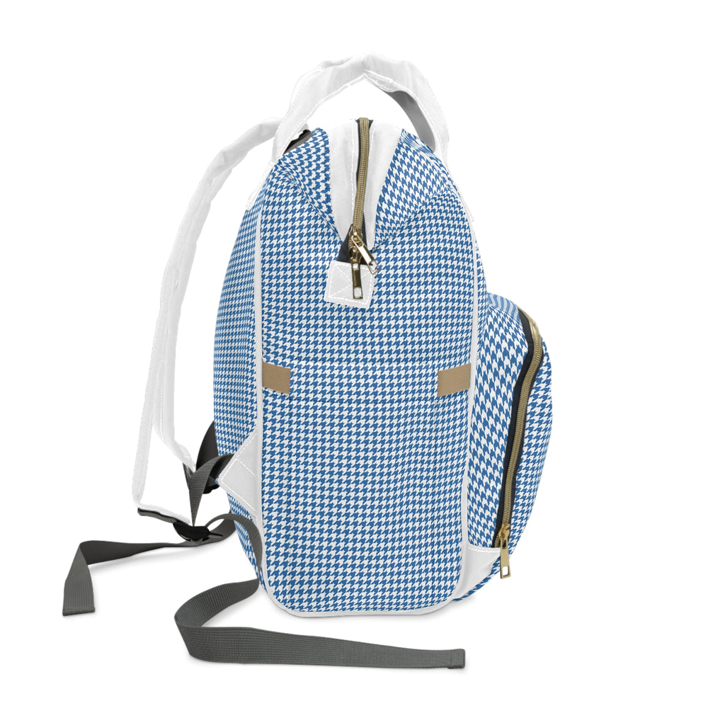 Blue Houndstooth Multifunctional Diaper Backpack — Insulated Pockets, Changing Mat & Stroller Straps