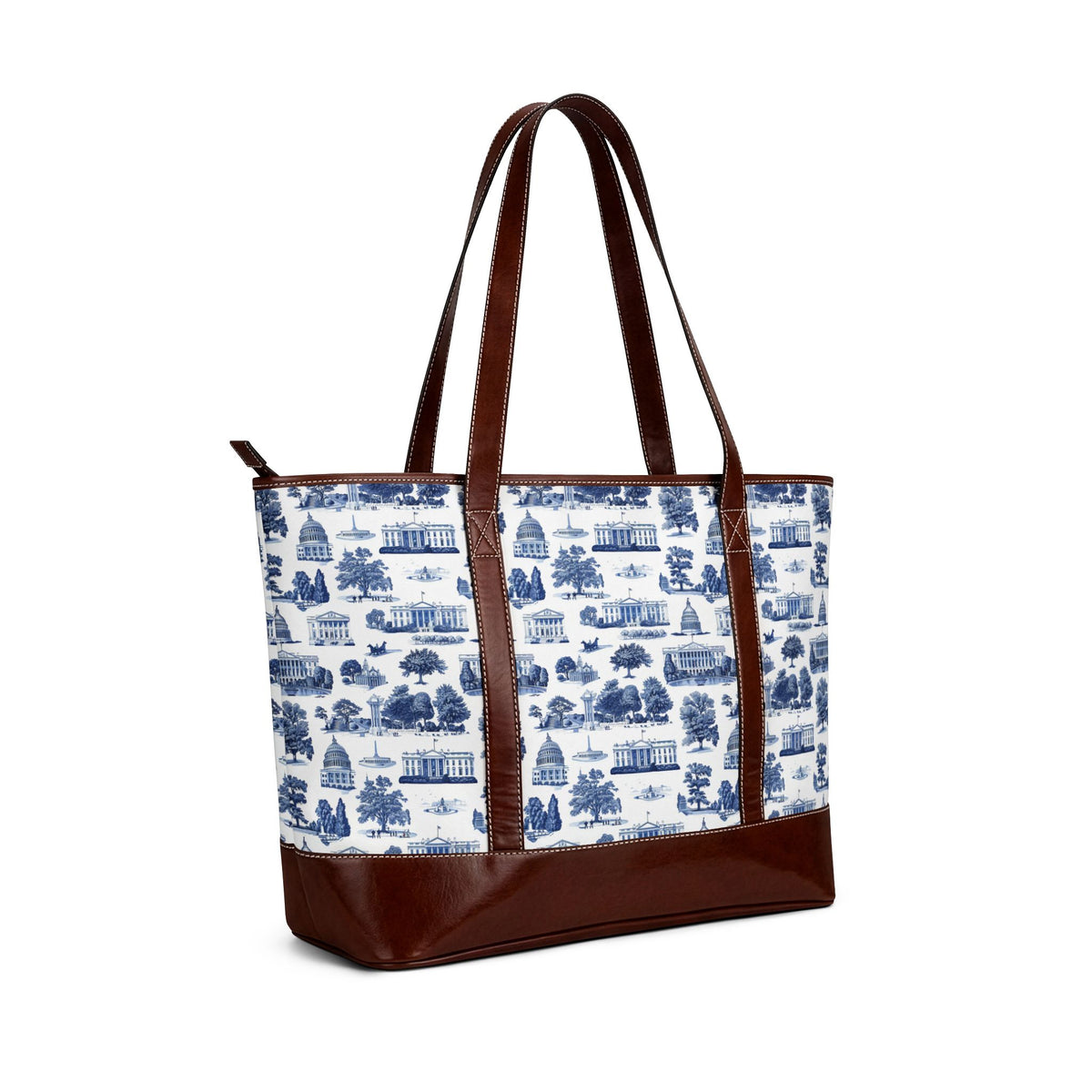 Chinoiserie Blue Toile Tote Handbag — Classic Scenic Print Shoulder Bag