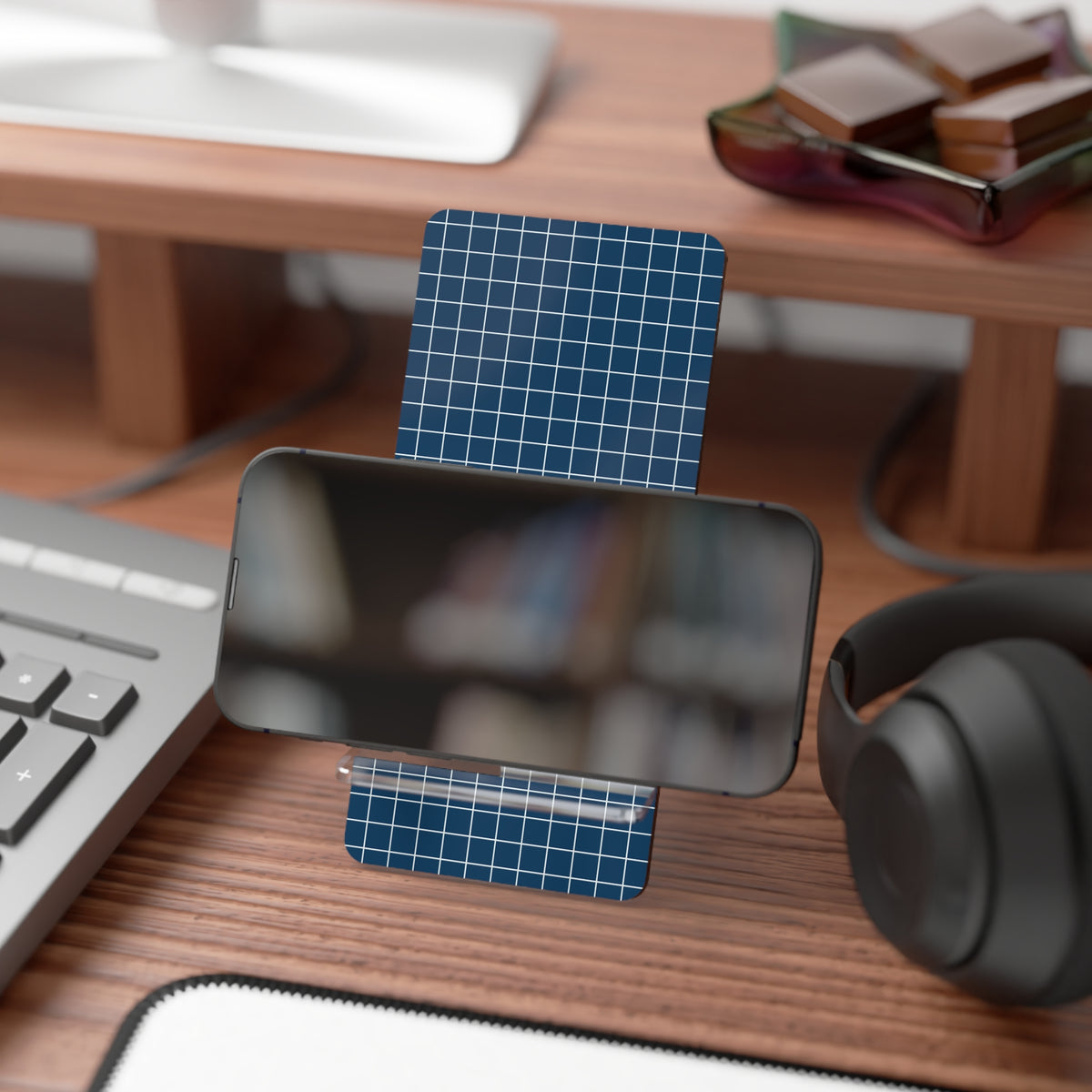 Blue Grid Smartphone Stand — Portable Acrylic Mobile Display Stand