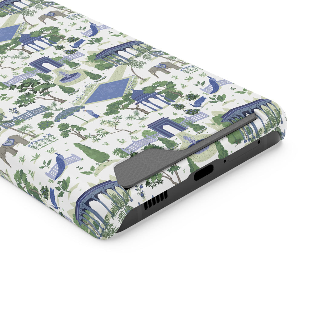 Garden Pavilion Cardholder Phone Case — Blue & Green Scenic Park Design