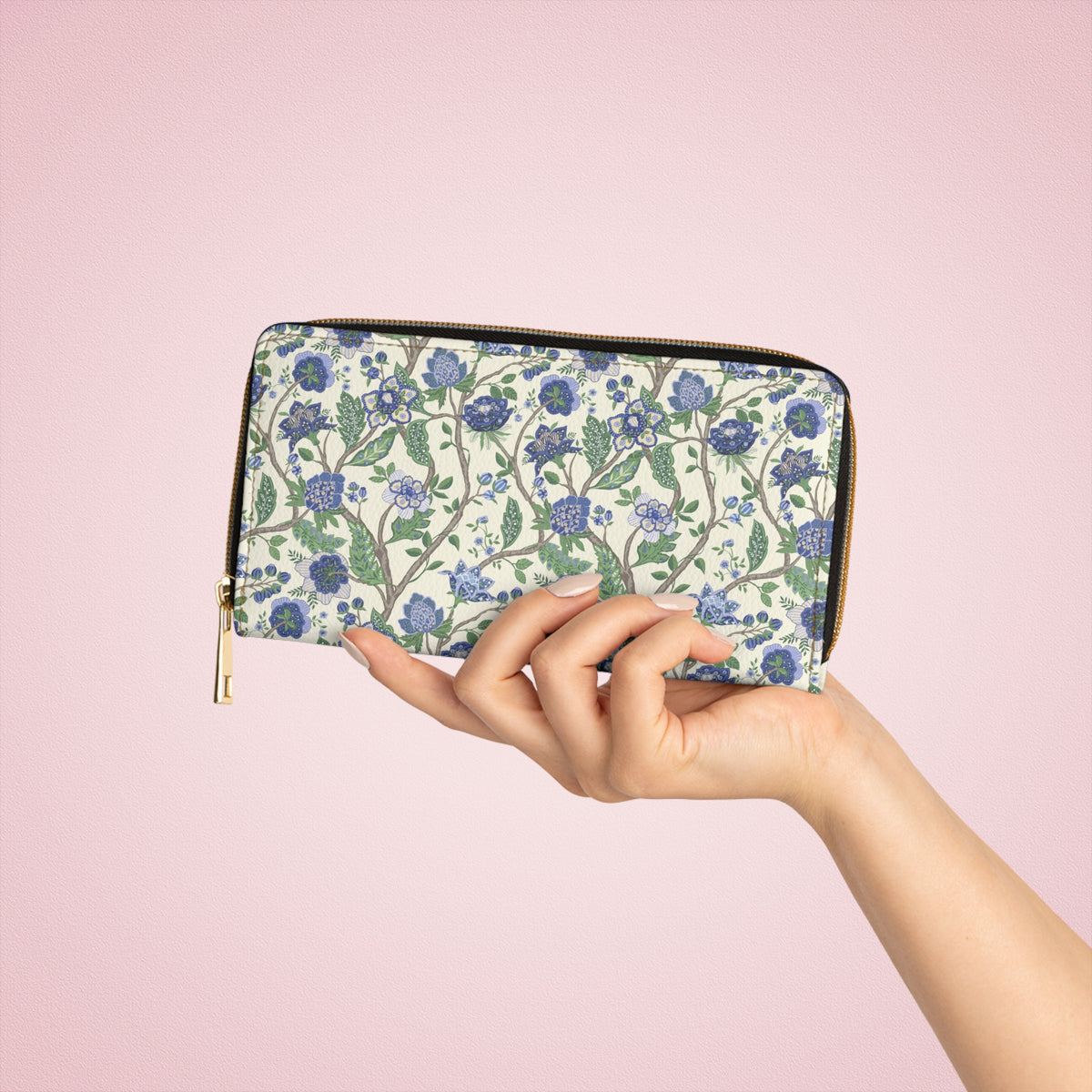 Floral Vine Zipper Wallet — Blue Vintage Botanical Wallet