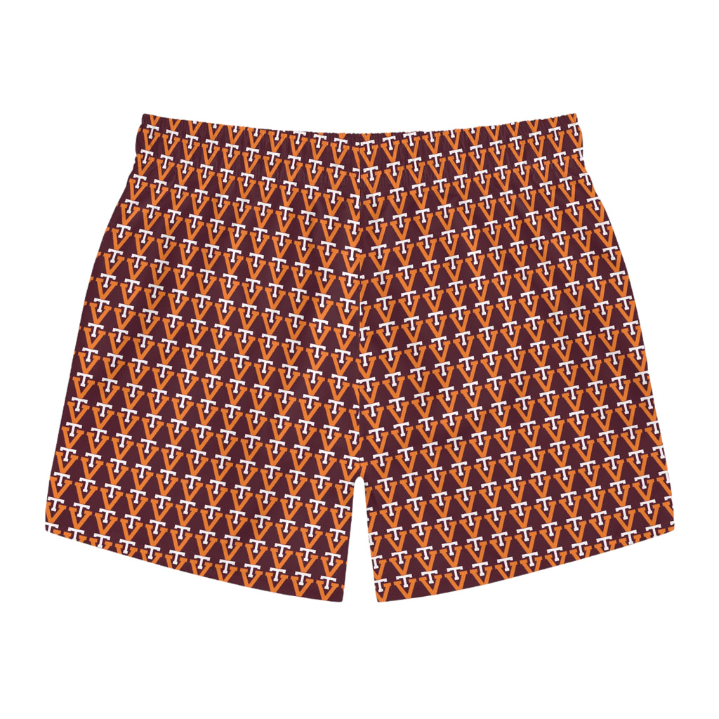Geometric V Monogram Swim Trunks — Retro Brown All-Over Print