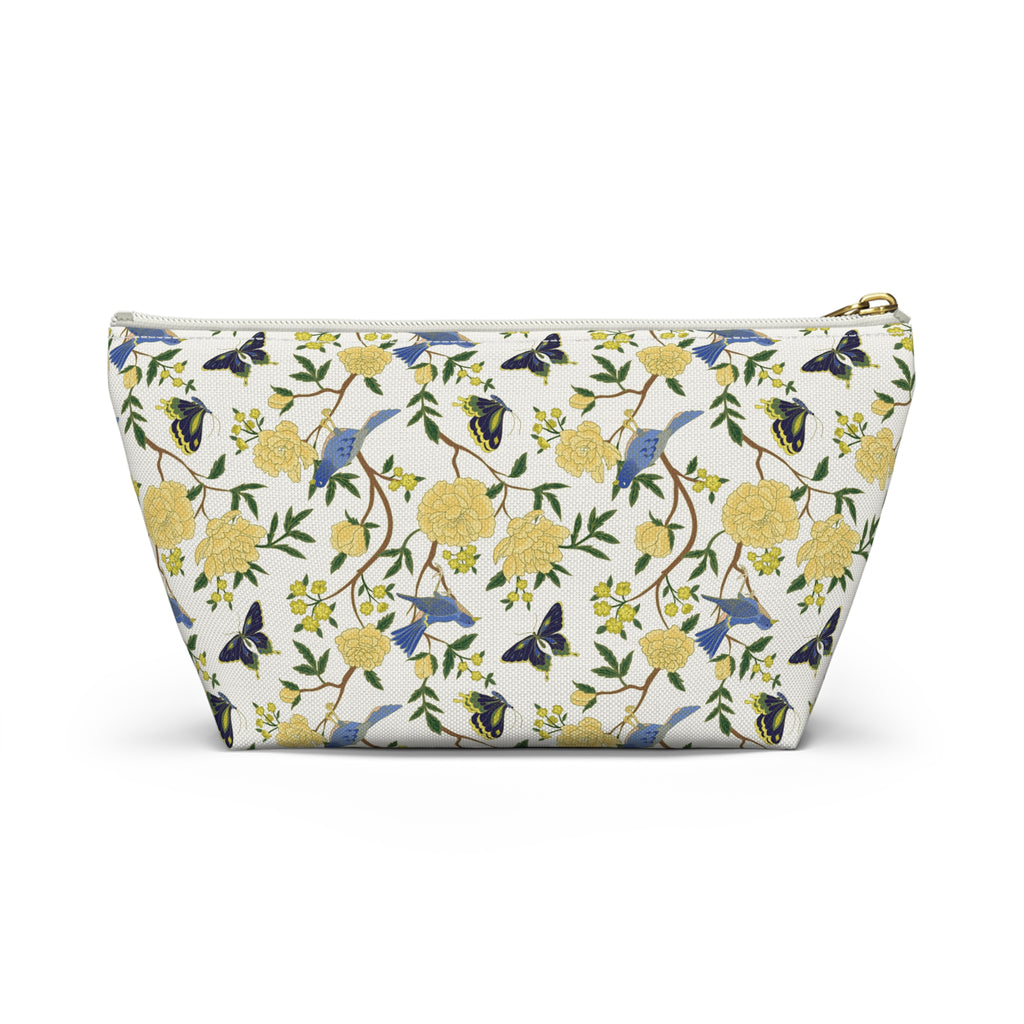 Floral Bird Accessory Pouch — Yellow Rose & Bluebird Cosmetic Bag