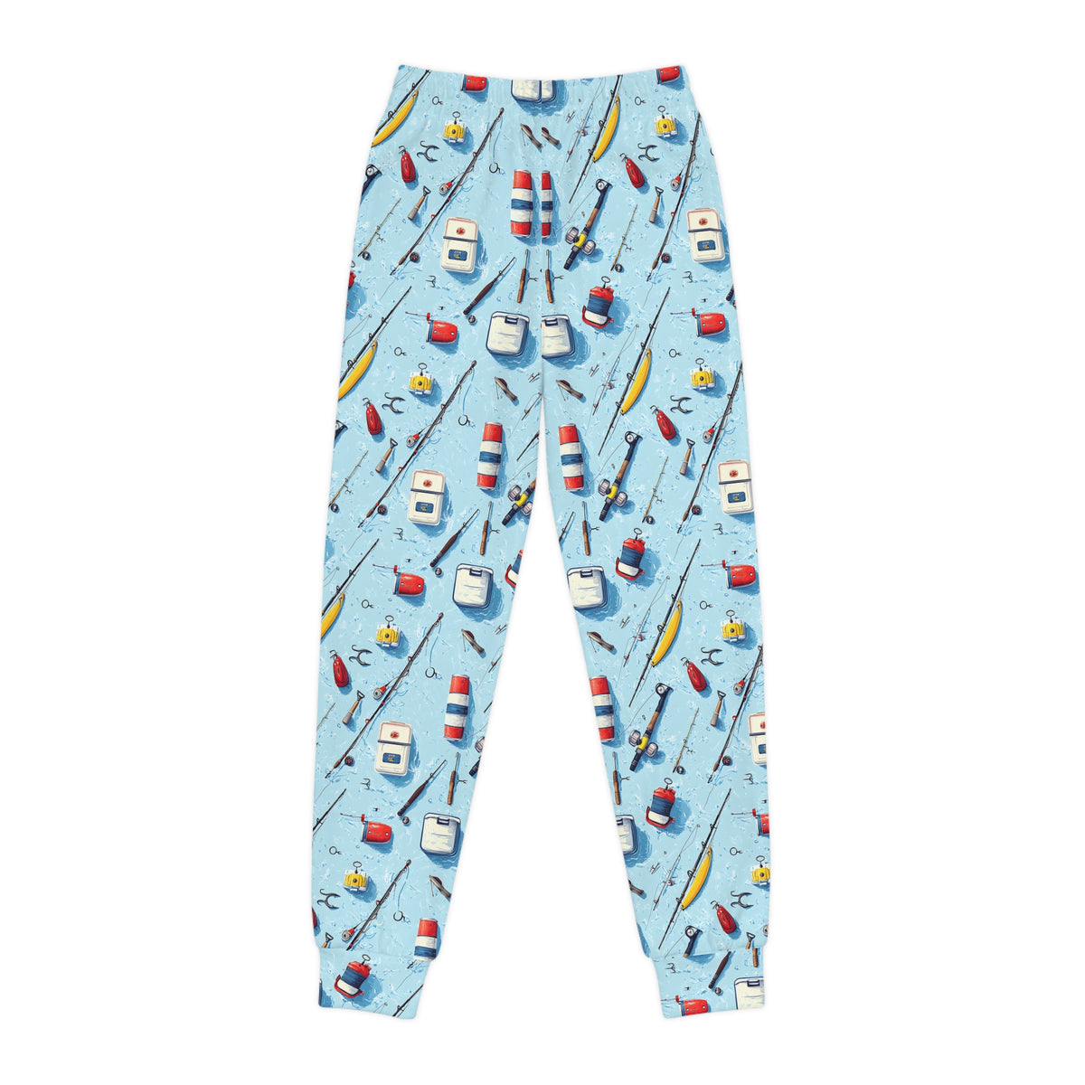 Kids Fishing Joggers — Blue All-Over-Print Fishing Gear Pattern