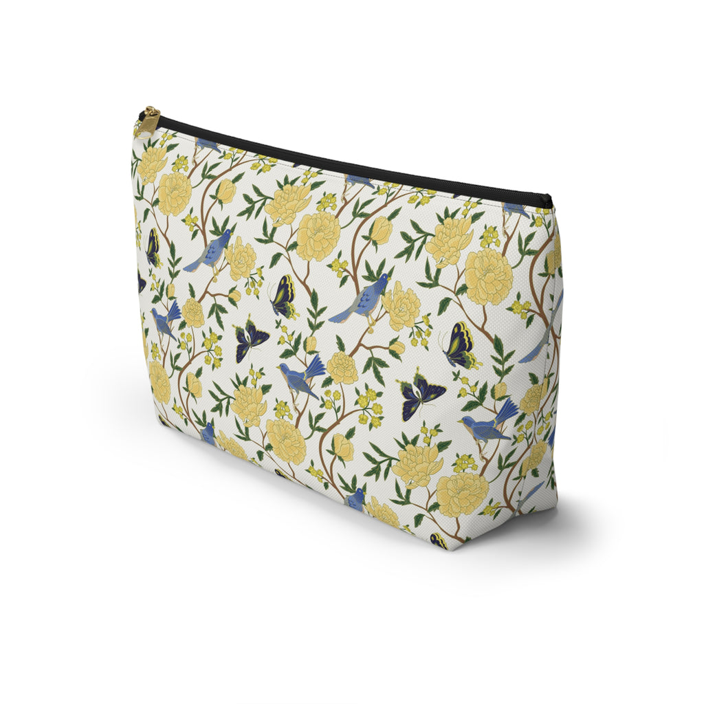 Floral Bird Accessory Pouch — Yellow Rose & Bluebird Cosmetic Bag