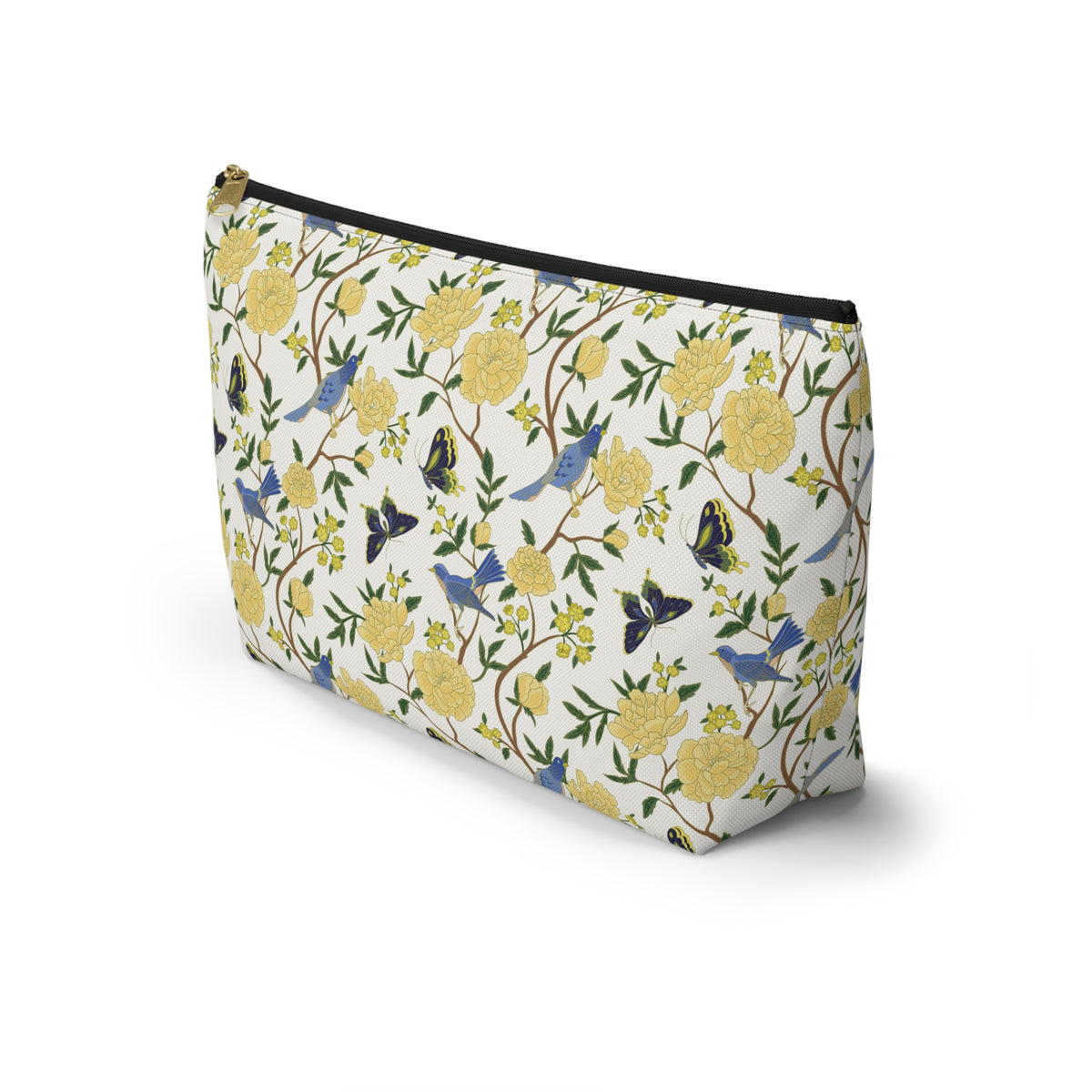 Floral Bird Accessory Pouch — Yellow Rose & Bluebird Cosmetic Bag