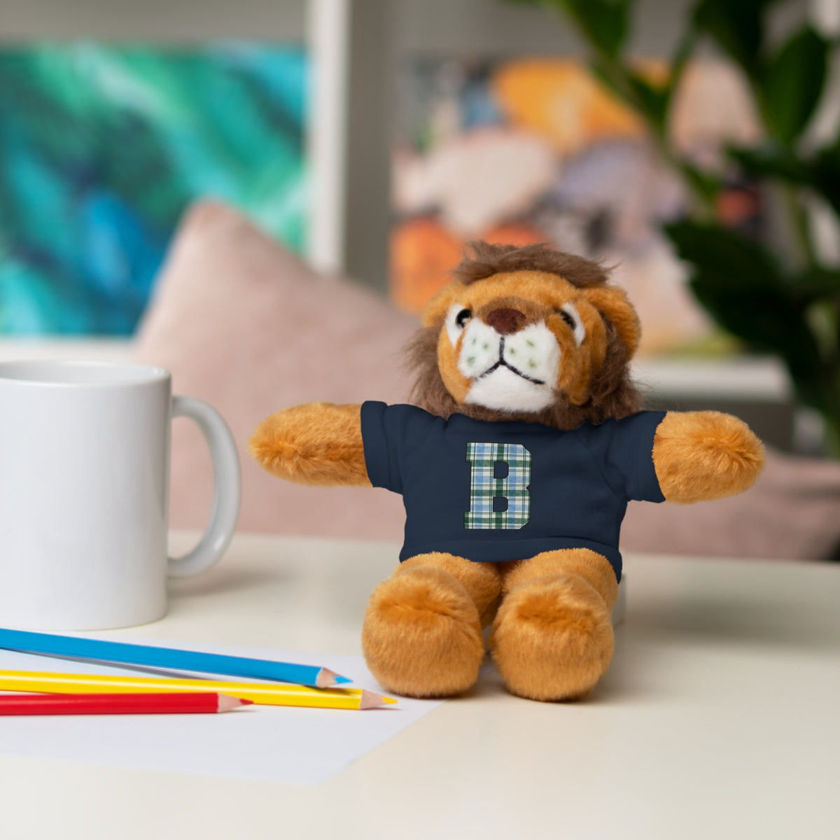 Plush Bear with Plaid Monogram Tee — Personalized Initial 'B' Stuffed Animal Gift
