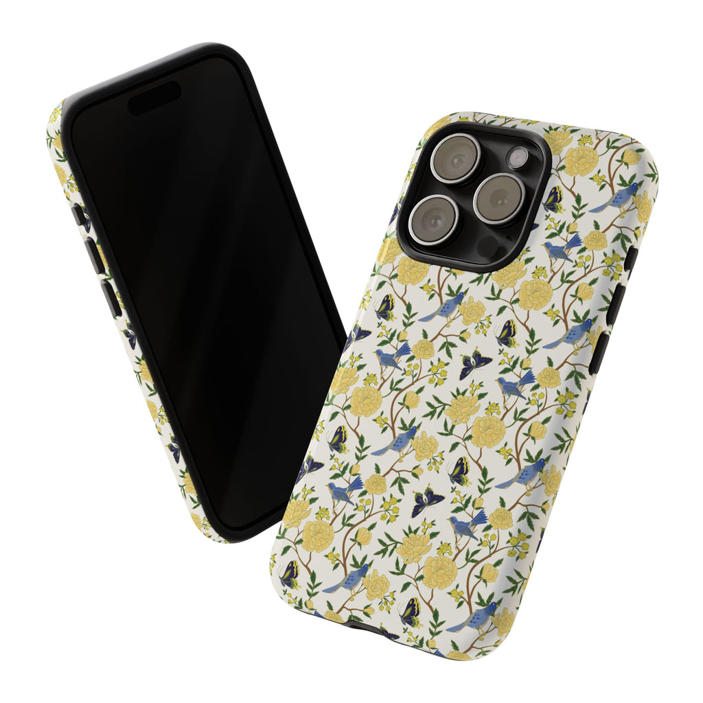 Floral Bird Tough Phone Case — Yellow Rose Pattern, Slim Protective iPhone Cover