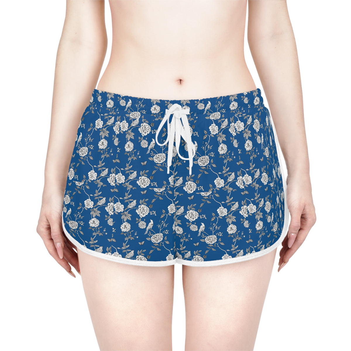 Blue Floral Women's Relaxed Shorts — Vintage Rose Print Lounge & Summer Beach Shorts